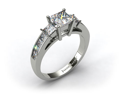 14k White Gold Princess Shaped Three Stone Channel Set Diamond Engagement Ring